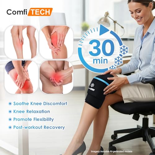 ComfiTECH Dual-Gel Knee Ice Sleeve, 30-Min Cooling Wrap for Knee & Thigh, M - size: Medium