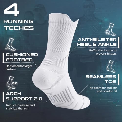 Rahhint Running Socks Crew for Long Run Coolmax Targeted Cushioned - color: White, size: 13-16