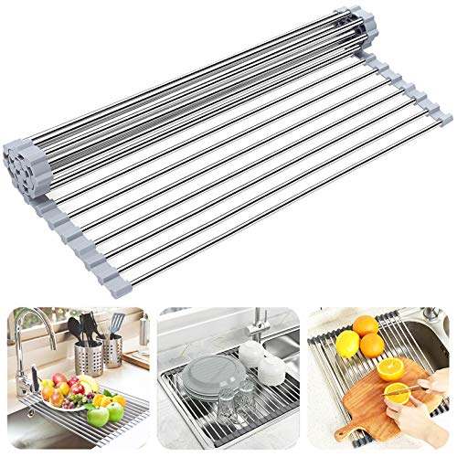 Searik Dish Drying Rack Roll Up Sink Drying Rack, Over The Sink Dish Rack Multi-Use Stainless Steel Dish Drainers Heat Resistant Mat for Drying Draining Trivet (17.7"x13.8") - color: Gray, size: 17.7"x13.8"
