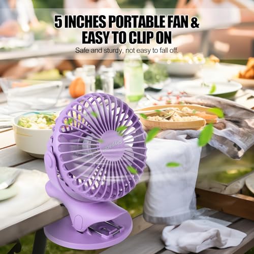 Portable Clip Fan Battery Operated,3 Speeds USB Rechargeable Mini Table Fan with Strong Airflow,360°Rotation Ultra Quiet Personal Desk Fan for Home Office Bedroom Dorm Stroller Camping(Purple) - color: Purple