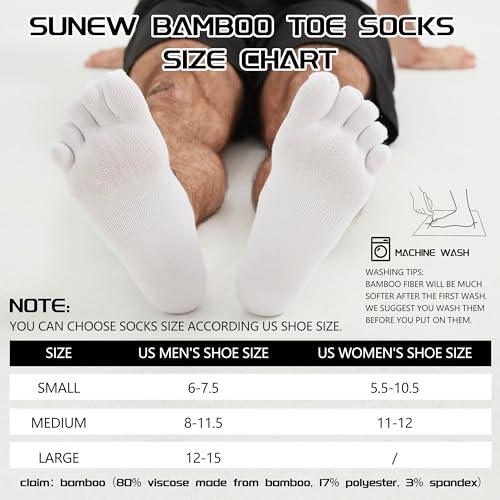 Sunew 3 Pairs Toe Socks for Men Women,Viscose Bamboo Breathable Athletic Running Five Finger Ankle/Quarter Socks - color: White, size: Medium