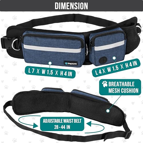 PetAmi Hands Free Dog Leash with Waist Running Belt Bag, Single (Navy) - color: Navy, size: 1 Leash