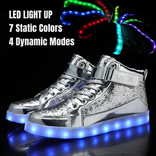 IGxx LED Light Up Shoes for Men Women Sparkly Sneakers High Top - color: Glitter Silver, size: 11 Women/10.5 Men