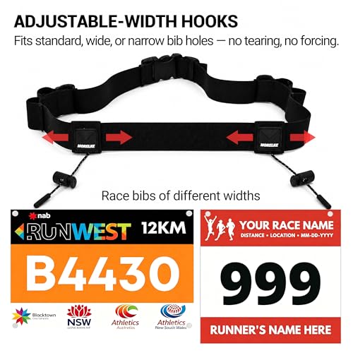 Race Bib Belt for Marathon Trail Running- Adjustable Hooks,6 Gel holders