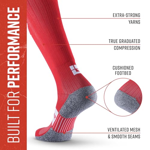MudGear Graduated Compression Socks, Durable, Sweat-Resistant OCR Performance Socks with Cushioned Footbed, Made in USA - color: Can Red/White, size: Medium