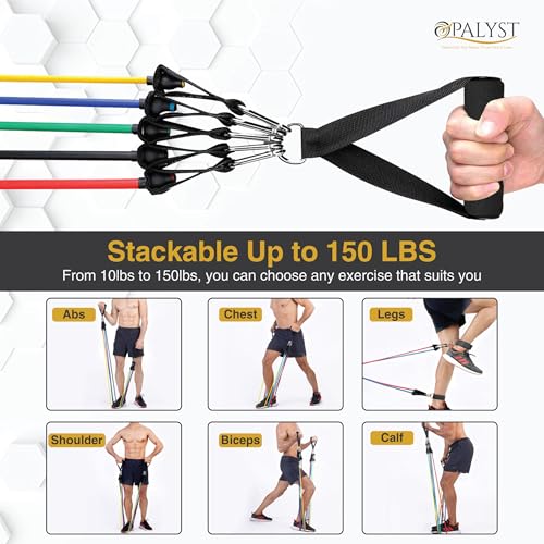 Resistance Bands with Handles, 11-Piece Exercise Band Set for Home Gym, 5 Stackable Tubes with Door Anchor, Ankle Straps and Carry Bag