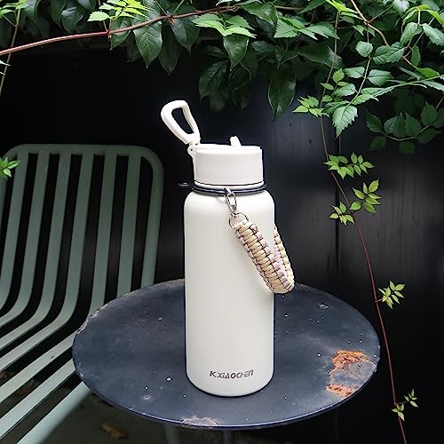 KXIAOCHEN Insulated Water Bottle with Strap, 48-Hour Cold, 2 Lids - color: Cream, size: 32 Ounces