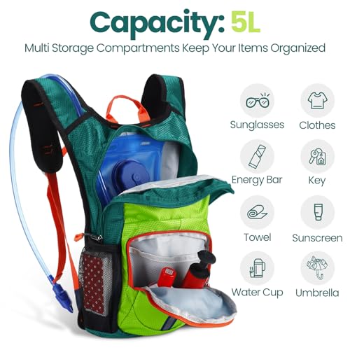 Shinylin Kids Hydration Backpack with 1.5L Water Bladder Hiking Backpack Lightweight for Boys or Girls Children Biking Climbing Running Cycling - color: Fluorescent Green, style: Classic