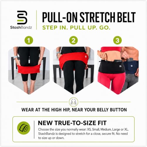 StashBandz Running Belt, Money Belt, 4-Pocket Phone Holder with Zipper - color: Red, size: Medium
