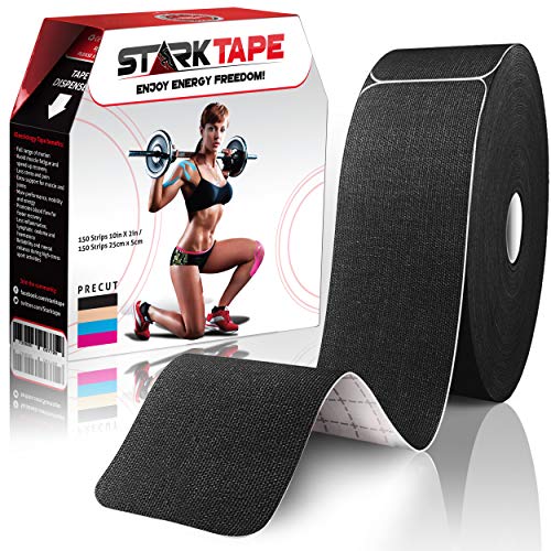 Original Kinesiology Athletic Tape. Professional Sports Tape for Ankle Wrist Knee Shoulder Muscles Joints. Latex Free, Waterproof, Stretchy, and Gentle on Skin. Up to 115 ft/Roll - color: Black - Precut