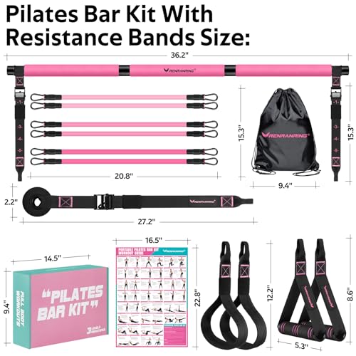Pilates Bar Kit with Resistance Bands, Pilates Workout Equipment for Women - color: Pink