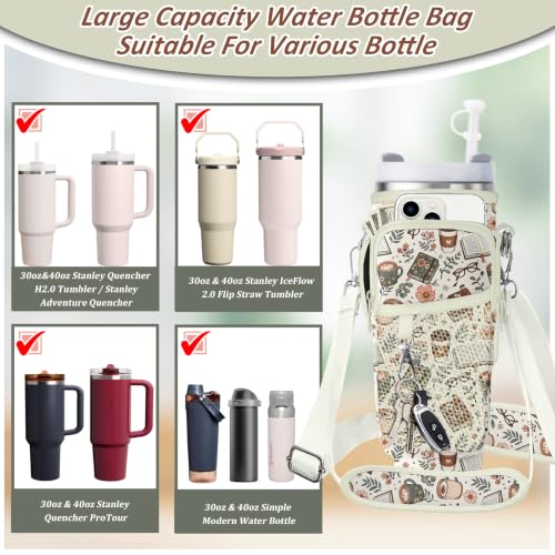 Water Bottle Carrier Bag for Stanley 40/30oz Cup Tumbler with Phone Pocket,Insulated Crossbody Water Bottle Holder with Adjustable Strap,Water Bottle Sling Pouch for Hiking Walking Camping Accessories - color: Cafe Books Flowers