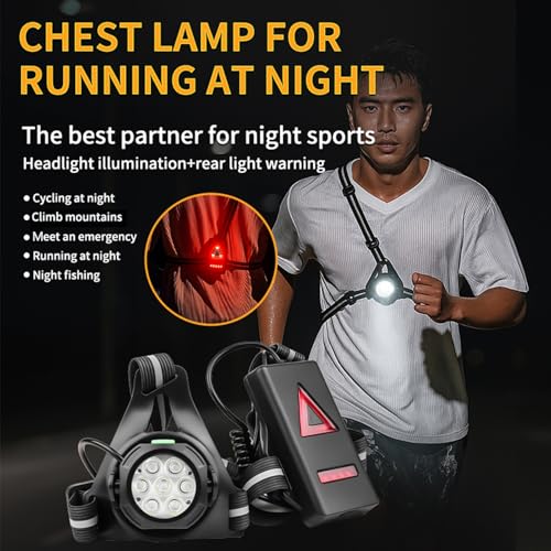 Aoresac LED Chest Front Light, Multi Lamp Red Warning USB Rechargeable Night Running Light Triangle Reflective Strap Back Light for Cyclists, Climbers, and Night Runners (7 Lamp)