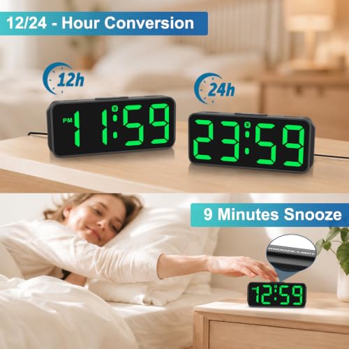 Peakeep Small Digital Alarm Clock for Bedroom, Large Number, Battery Backup - color: Green Digits (Plug-in, Ultra-compact)