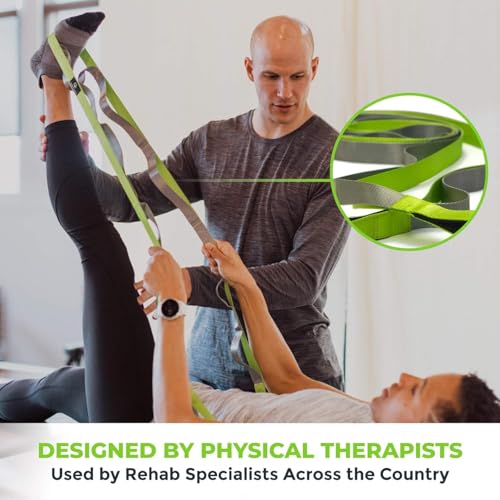 Physical Therapy Yoga Stretch Strap with 12 Loops, 1 Inch Wide, 8 Ft Long - color: Green/Grey