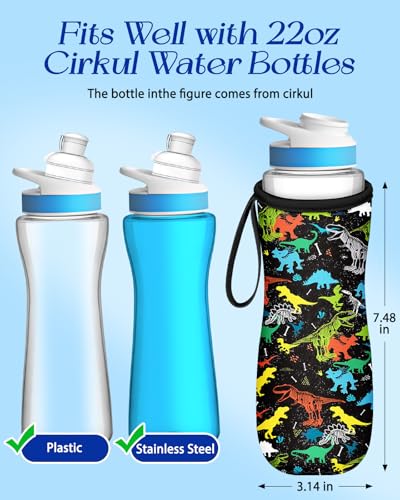 Water Bottle Sleeve for Cirkul 22 oz - Bottles Cover Holder Carrier Bag with Handle Strap - color: Black Dinosaur