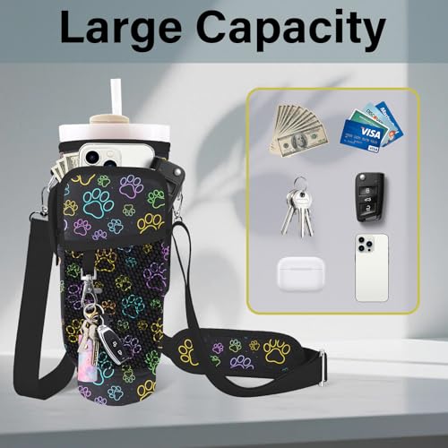 Water Bottle Carrier Bag for Stanley Cup 40/30oz, Neoprene Water Bottle Holder Pouch with 3 Pocket Adjustable Shoulder & Hand Strap - color: Neon Dog Paw