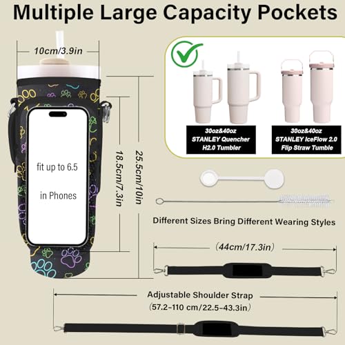Water Bottle Carrier Bag for Stanley Cup 40/30oz, Neoprene Water Bottle Holder Pouch with 3 Pocket Adjustable Shoulder & Hand Strap - color: Neon Dog Paw