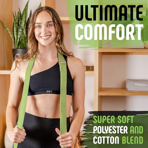 Yoga Strap with Buckle, Soft Cotton/Polyester Webbing, 8 ft - color: Green