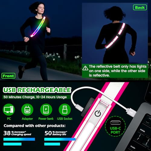 LED Reflective Belt Sash, High Visibility 5 Color 3 Light Mode Rechargeable LED Waistband Reflective Running Gear, Light Up Waist Belt Safety Gear for Running Walking Cycling at Night - color: Pink