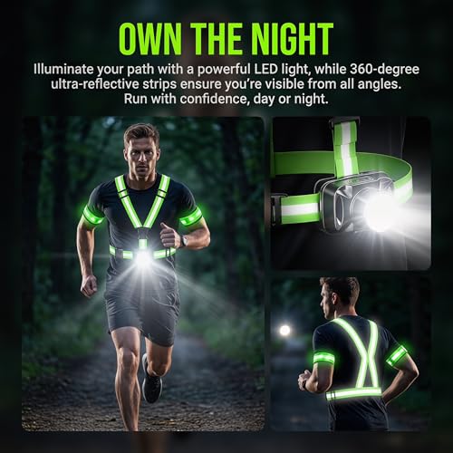 LED Reflective Running Vest, 2-Piece Rechargeable LED Armband Set, IPX4 Waterproof 90° Adjustable Running Lights for Walking Cycling, 4-25H Runtime