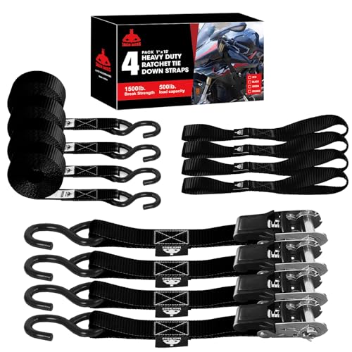 Jack Boss Ratchet Tie Down Straps Set,1500 lbs Break Strength, 1" x 15' Heavy Duty Ratchet Straps with 4X Soft Loops Padded Handles Coated S Hook, Fits for Moving Appliances Motorcycle ATV Truck,Black - color: Black-4pcs
