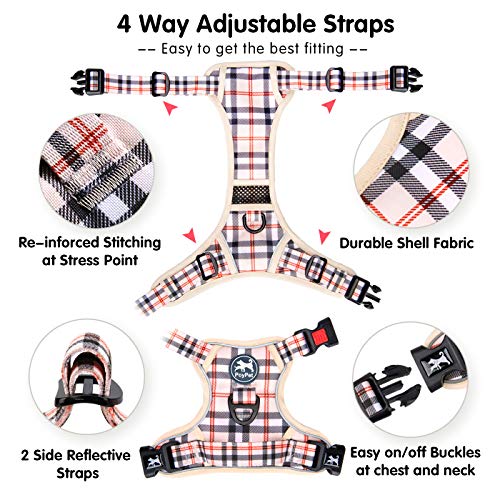PoyPet Plaid Dog Harness Small, No Pull Vest with Front Clip & Neck Buckle - color: Checkered Beige, size: S