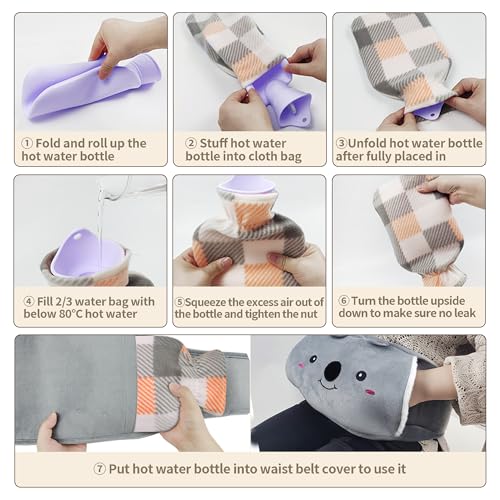 Hot Water Bottle wtih Cover, Hot Water Bag, 1L Rubber Warm Hot Water Bottles Pouch with 130cm Long Soft Waist Cover for Neck, Shoulder, Back, Hand, Legs and Period Pain Relief