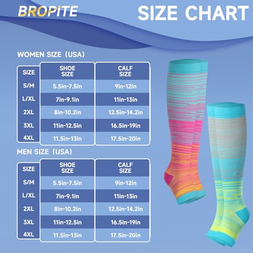 bropite Open Toe Compression Socks for Women，3 Pairs Toless Knee-High Socks - color: A-lightstripe Open, size: Large-X-Large