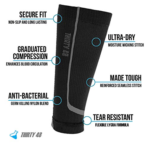 Thirty48 Graduated Calf Compression Sleeves 15-20 OR 20-30 mmHg | Maximize Fast Recovery by Increasing Oxygen to Muscles - color: [1 Pair] Black, size: Small