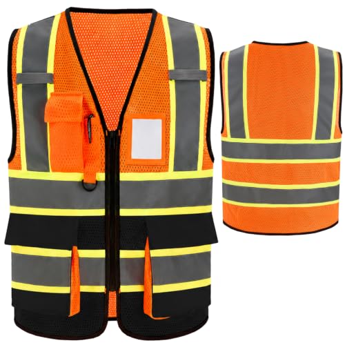 A-SAFETY Mesh High Vis Vest, Reflective Construction Vest with Pockets - color: Orange&black, size: 6-8X-Large