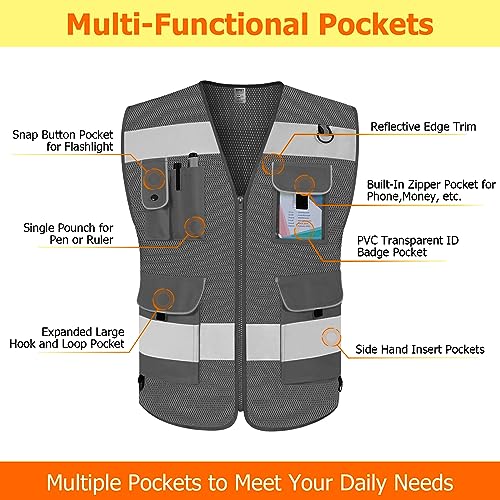 TCCFCCT Mesh Hi Vis Vest 9 Pocket High Visibility Reflective Vest, Grey M - color: Grey-bison 03, size: Medium