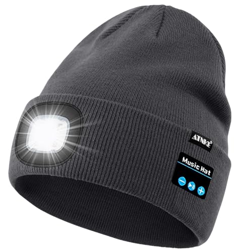 ATNKE LED Lighted Bluetooth Beanie Hat,USB Rechargeable 4 LED Wireless Music Running Headlamp Cap Gift for Men and Women - color: #Gun Gray