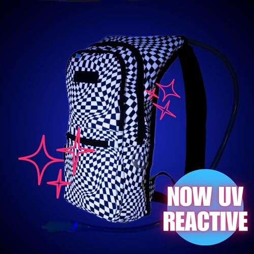Kandies World Reflective Festival Hydration Pack - 2L Hydropack for Raves, Hiking, Biking, Running, and More (with Anti-Theft Pocket) - style: Checkered
