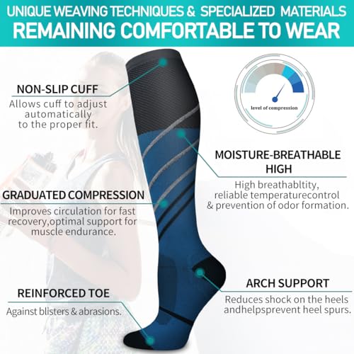 COOLOVER Copper Compression Socks for Women and Men(6 Pairs)-Best Support for Running, Athletic, Travel - color: 06a Gray/Blue/Green/Gray/White/Black, size: Large-X-Large