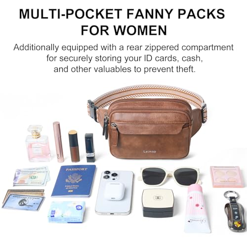 LATMAP 3L Fanny Packs for Women Cross Body Bag Vegan Leather Belt Bag Brown - color: Brown