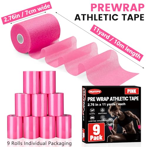 9 Pack Pink 2.76in x 11yd Pre Wrap Tape, 8 Pack White Athletic Tapes