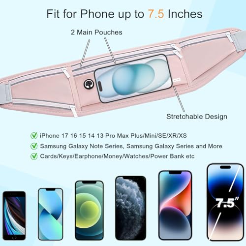 Hydration Running Belt for Women Men，Fanny Pack with Water Bottle Holder，Large Capacity Running Phone Holder for iPhone 17 16 Pro Max Samsung，Slim Reflective Waist Belt for Hiking Outdoor（Pink）