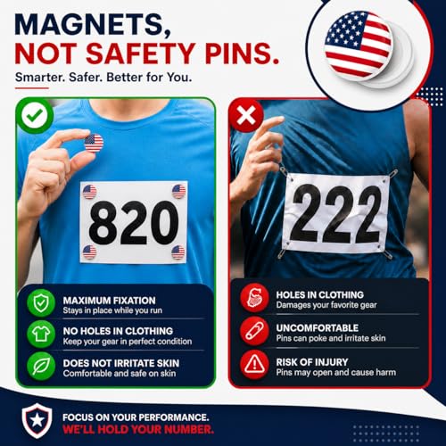 4 Race Bib Magnets for Runners, Race Bib Clips, No Pins, USA - color: Usa