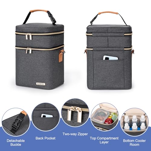 Breastmilk Cooler Bag with Ice Pack Fits 6 Baby Bottles Up to 9 Ounce, Double Deck Leak-Proof Baby Bottles Bag with Shoulder Strap for Nursing & Working Mom, - color: Dark Grey