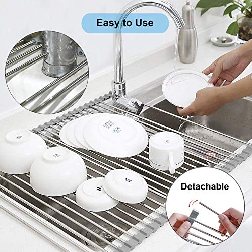 Over the Sink Dish Drying Rack, Searik Roll up Sink Dish Drainer Rack Foldable Kitchen Stainless Steel Dish Rack Sink Drying Rack (17.7” x 11.8”) - color: Gray, size: 17.7"x11.8"