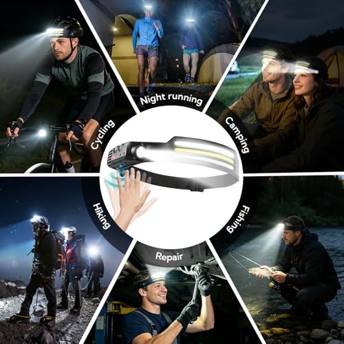 Headlamp Rechargeable 8-Pack，LED Head Torch with 8 Light Modes (White/Yellow/Red + Spotlight), Motion Sensor & Hands-Free Headband, USB Rechargeable for Camping, Running & Repairs, Fishing, Cycling