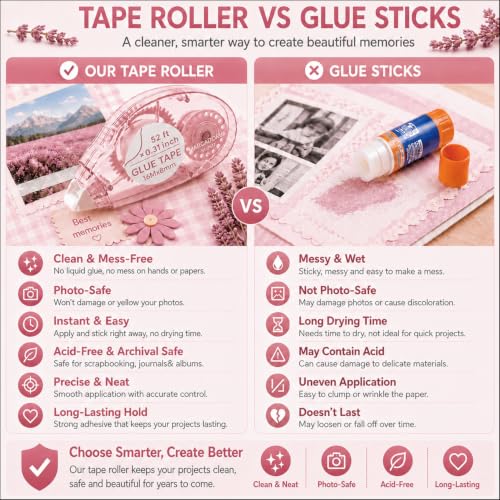 MARCADORUS Glue Tape Roller, Double Sided Tape Scrapbook 4 Pack Extra Long - size: 52.5 Ft x 0.31 In : 4 Pack
