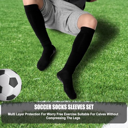 Barrlves 2 Set Grip Soccer Socks and Shin Guard Sleeves Non Slip Soccer Sleeve Socks for Men Women - color: Black-1