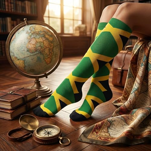 Compression Socks Knee High Support Stockings Women Men - color: Jamaican Flag