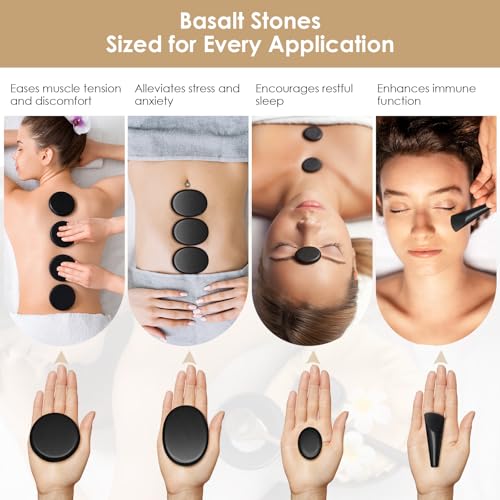 17 Pieces Massage Stones Set with Warmer Kit Hot Rocks Bamboo for Massage,Hot Stones Massage Warmer Kit with Temperature Control and Carry Bag (14 Stones and 3 Sticks)