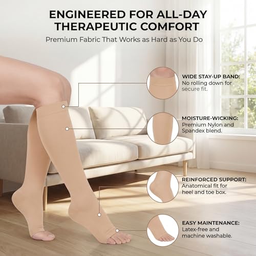 MGANG Plus Size Medical Compression Stockings for Women & Men, Open Toe - color: Knee High Open Toe Beige, size: 5X-Large