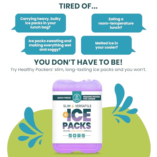 Healthy Packers Ice Packs for Lunch Boxes, Slim Cooler Ice Packs - color: Purple (4 Pack)