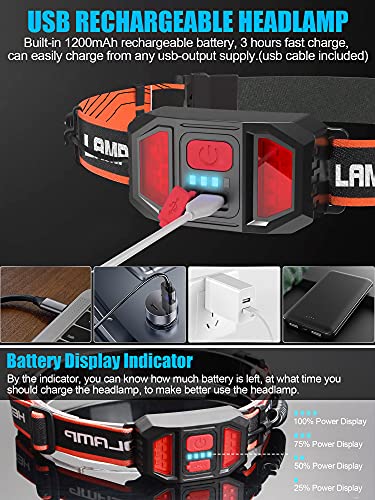 LED Headlamp Flashlight 6Packs, 1000L 230° Broadbeam Headlight, USB Rechargeable Head Lamp with Red Taillight, Lightweight Waterproof Headlamps for Camping Running Hiking, Hard Hat Headlamp - color: 230° Red 6PC