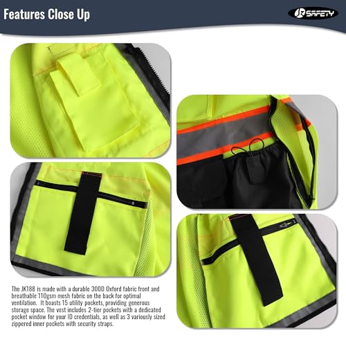 JKSafety Hi-Vis Unisex Surveyor Safety Vest Heavy Duty PPE Inner Pockets ANSI/ISEA Compliant - color: 188-yellowblack, size: Large